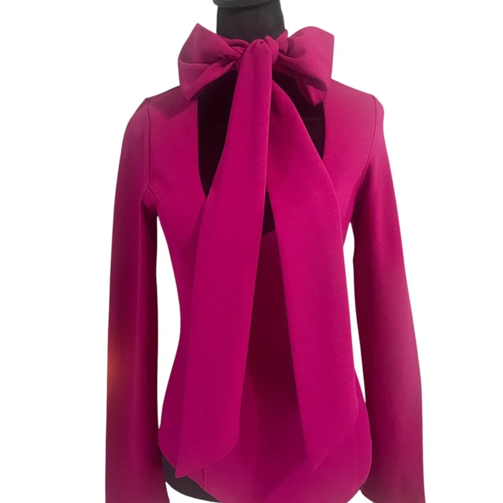Magenta neck tie, Bow,peep hole neck, long sleeve body suit,Large - Picture 1 of 9